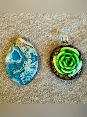 Green Rose Glass & Beautiful Turquoise Pendants - Women Jewelry 2-for-1